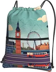 EdWal I Love London Print Drawstring Backpack Gym Bags Sports Bags With Zipper Pocket For Travel Beach, Black, One Size