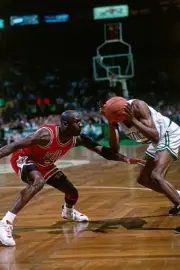 Reggie Lewis Boston Celtics handles the ball v Michael Jordan Chic- Old Photo