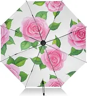 [RPLIFE] Travel Umbrella, Lightweight Portable Automatic Open/close Umbrella for Women, Travel Umbrellas for Rain, Wind and Sun, Roses Green Leaves