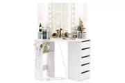 Costway Corner Vanity Desk w/Lighted Mirror Power Outlets & 5 Drawers Makeup Vanity Table Dressing Table