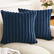 Double-Sided Faux Fur Plush Throw Pillow Covers 22x22 Set of 2 Fuzzy Striped Soft Cozy Pillowcase Luxury Decorative Pillows Square Fluffy Cushion Cover for Couch Sofa Bed,Navy Blue