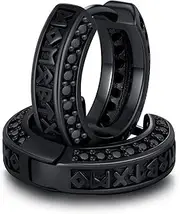 [Kootwo] Black Viking Earrings for Women 925 Sterling Silver Black rune Hoop Earrings Jewelry for Women Men, 15mm, Sterling Silver, Zircon