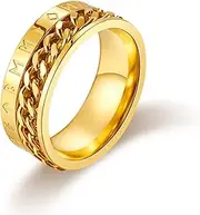 RIUKIU Turnable Monogrammed Chain Ring, Stylish and Simple Stainless Steel Ring for Men and Women,Gold,9
