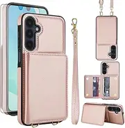 [Asuwish] Phone Case for Samsung Galaxy A14/M14 5G Wallet Cell Cover with Tempered Glass Screen Protector Wrist Crossbody Strap RFID Blocking Stand Credit Card Holder A 14 4G 14A 14M G5 Women Rose Gold