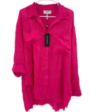 One Teaspoon Womens Jacquard Longline Shirt Shock Pink Raw Hem Sleeve Size S