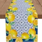 Capri Blue Lemon Table Runner Italy Tile Burlap 13 x 90 Inch Light Blue