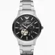 ARMANI手錶，編號AR00054，44mm銀圓形精鋼錶殼，黑色鏤空， 中三針顯示錶面，銀色精鋼錶帶款_廠商直送