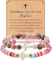 [GVUSMIL] Cross Bracelet Baptism Gifts Easter Basket Stuffers First Communion Adjustable Clay and Stone Christ Holy Water Bracelet Faith Jewelry for Daughter Granddaughter Niece