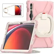 Heavy Duty Case for Galaxy Tab S9 Ultra 2023/S8 Ultra 14.6 Inch 2022, Hybrid Rugged Case with S Pen Holder, Shockproof Kids Case with 360 Rotating Stand/Shoulder Strap (Light Pink)