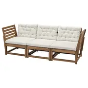 NÄMMARÖ 3-seat modular sofa, outdoor, armrests light brown stained/Kuddarna light grey-beige