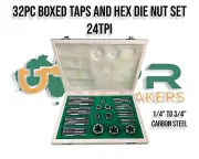 32pc Boxed Tap & Hex Die Set 24 TPI - [1/4"-3/4"] Carbon Steel Harley & Indian