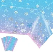 Kesfey 3 Packs Christmas Snowflake Tablecloth 51 x 87 Inch Winter Frozen Wonderland Table Cover Disposable White Snowflake Plastic Table Cloth Blue and Pink Snowflake Tablecloths for Christmas Party