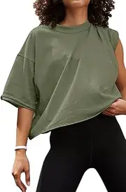 [Tomwell] Crop T-Shirt Women's Crew Neck Short Sleeve T-Shirt Sports Tops Casual Oversize Shirt Summer Workout Crop Tops, A Army Green, M