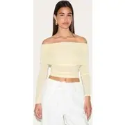 Lemon Sheer Soft Touch Fold Over Detail Bardot Long Sleeve Top, Lemon