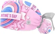 [WOSHJIUK] Working Hat 2 Pack Scrub Caps for Women,Heart Happy Valentine Day,Tie Back Cap Adjustable Scrub Hat