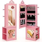 HONEY JOY Kids Jewelry Cabinet, 3-in-1 Freestanding Jewelry Armoire w/Full Length Mirror & Clothes Rack, Children Jewelry Organizer Cabinet w/Hooks & Rear Storage Shelves for Girls, Pink