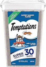 TEMPTATIONS Classic Crunchy and Soft Cat Treats Savory Salmon Flavor, 30 oz. Tub, Makes a Great Holiday Cat Treat