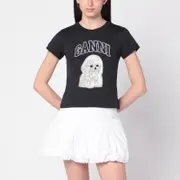 [GANNI] Washed black T-shirt with poodle print L Purple