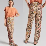 Anthropologie Smocked Balloon-Leg Pants Leaf Floral Beige Brown Size 4 Boho NWT