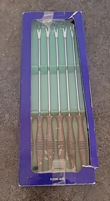 New Edelstahl Rostfrei Fondue Forks Skewers Wooden Handles Germany Vtg Set of 6