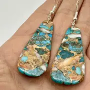 Navajo Turquoise Spiny Oyster Dangle Slab Earrings Sterling by P Jameson 2.75"