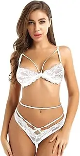[GRRKDFQ] Women's Erotic Lingerie Sets Erotic Through Sheer Lace Lingerie Set Deep V Neck Bra G-String Briefs