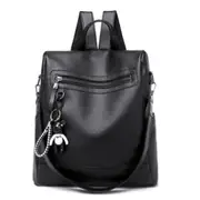 Multi-function Casual Double Shoulder Crossbody Soft PU Leather Backpack Ladies Diagonal Bag with Bear Keychain (Black)