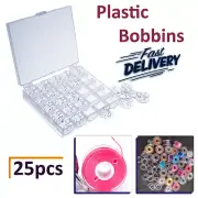 25 Clear Plastic Empty Bobbins Sewing Machine Spools Universal with Storage Box