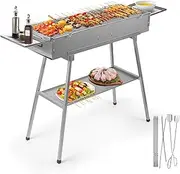 [IRONWALLS] Portable Charcoal Grill Outdoor Cooking, 32”L x 10”W Folded Camping Barbecue Grill with Storage Shelf, Metal Kebab Skewers, Rectangular Lamb Skewer Grill for Backyard Party Picnic Travel