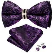 Mens Silk Bow Tie Pretied Bowtie with Gold Fashion Ring Purple Paisley+ring