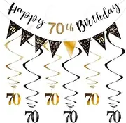 70th Birthday Decoration Kit, Happy 70th Birthday Banner Bunting Swirls Streamers, Triangle Flag Banner for Birthday Party Decorations Supplies Black and Gold 70th