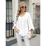 Women's T Shirt Summer Tops Blouse Plain Stylish Classic Casual 3/4 Length Sleeve V Neck Regular Tops Daily Weekend Eyelet Black White Pink Blue Green Summer