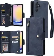 [YocoverTech] for Samsung A25 5G Case,for Galaxy A25 5G Wallet Case[6 Card Slots and 1 Zipper Coin Pocket] PU Leather Stand Flip Cover with Wrist Strap[6.5"]-Blue