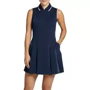 Lady Hagen golf dress, pleaded with floral underlay navy sleeveless
