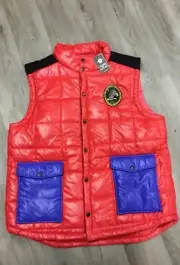 CROOKS & CASTLES "VULTURES" QUILTED RED & BLUE BUTTON PUFFER VEST SIZE XL