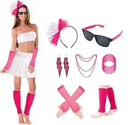 SlowTon 80s Costumes Accessories for Women, 80s Costume Set with Lace Headband Earring Necklace Glasses Bracelets Fishnet Gloves Leg Warmers for Women Girls Kids, 7 Pcs