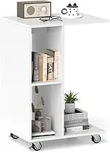 Giantex C-Shaped End Table, Narrow Side Table with Storage Shelves, Lockable Universal Casters, Mobile Bedside Table for Living Room, Bedroom, Small Spaces, White