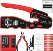 Rj45 Crimp Tool Kit,RJ45 Crimp Tool Kit All in One Pass Through Crimping Tool for Cat5e Cat6 Cat6a Pass Through Connector with 100Pcs Connectors 100Pcs Covers Network Cable Pliers Tester Blades