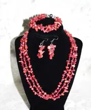 GENUINE CORAL AND SEED BEAD NECKLACE, BRACELET, EARRING SET , TRIPLE STRAND