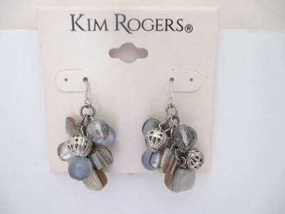 Vintage Kim Rogers Dangle Drop Earrings Beaded Cluster Silver Tone 1.5"