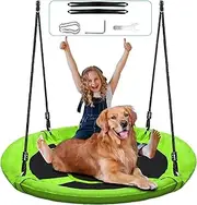 Hisecome 40 Inch Saucer Tree Swing Set for Kids & Adults, Adjustable Swing Sets for Backyard or Outdoor Playground 900D Oxford Fabric,Heavy Duty Round Swing Green & Black
