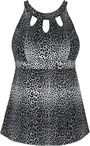 [Septangle] Women's High Neck Tankini Top Swim top Strappy Sexy Bathing Suit,Leopard Print,US 18