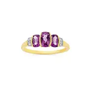 9ct Gold, Amethyst & Diamond Trilogy Ring in Purple