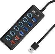 USB Hub, 6-Port USB 3.0 Hub Splitter (4 USB 3.0 Data Ports + 2 QC 3.0 Fast Charging Ports) with Individual LED Switches for Mac, PC(no Power Supply)