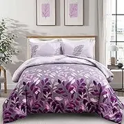 DJY Purple Comforter Set King, Botanical Leaves Comforter for King Bed 3 Pieces Reversible Floral Bed Comforter Sets Soft Microfiber Bedding Set for All Season (104"x90")