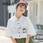 IELGY 短袖襯衫女白色夏季薄款寬鬆印花小眾日系POLO衫