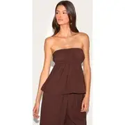 Brown Linen Look Peplum Bandeau Top, Brown