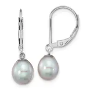 Sterling Silver Rhodium-Plated Polished 7-8mm Grey Freshwater Cultured Pearl Leverback Dangle Earrings