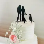 Silhouette Two Brides Holding Hand & A Dog Cake Topper