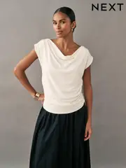 Ecru Sleeveless Drape Top (E67806) | $49